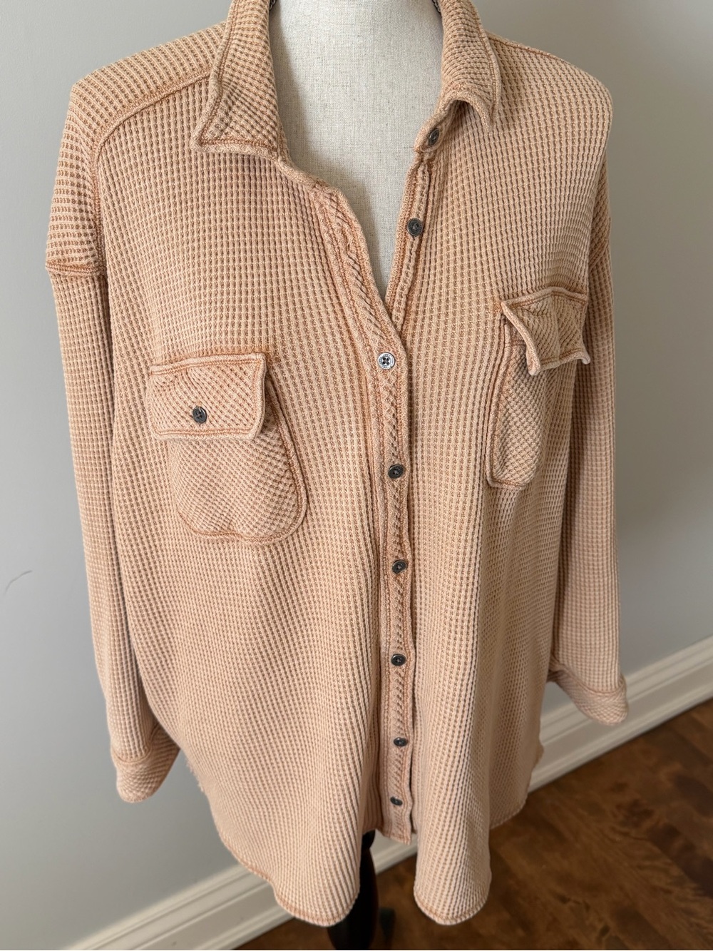 Aerie Women’s Waffle-Knit Button-Front Sweater Shirt in Beige Tan - Picture 2 of 6
